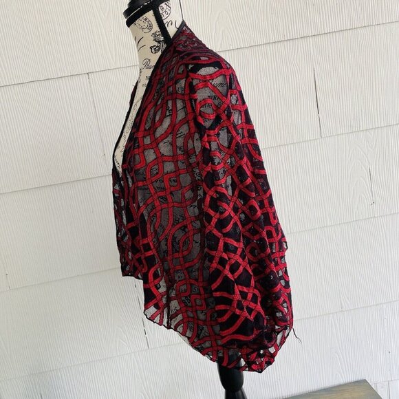 Boho Red & Black Sheer Knit Tunic Shawl Cover Sleeved - Womens Size Small (J6) - Picture 3 of 10